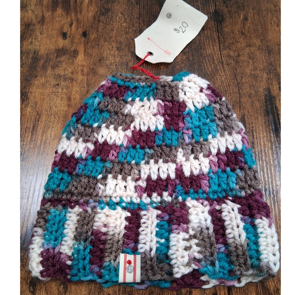 NWT Handmade Crochet Ponytail Beanie Multi Color Messy Bun Hat Teal Purple Cream